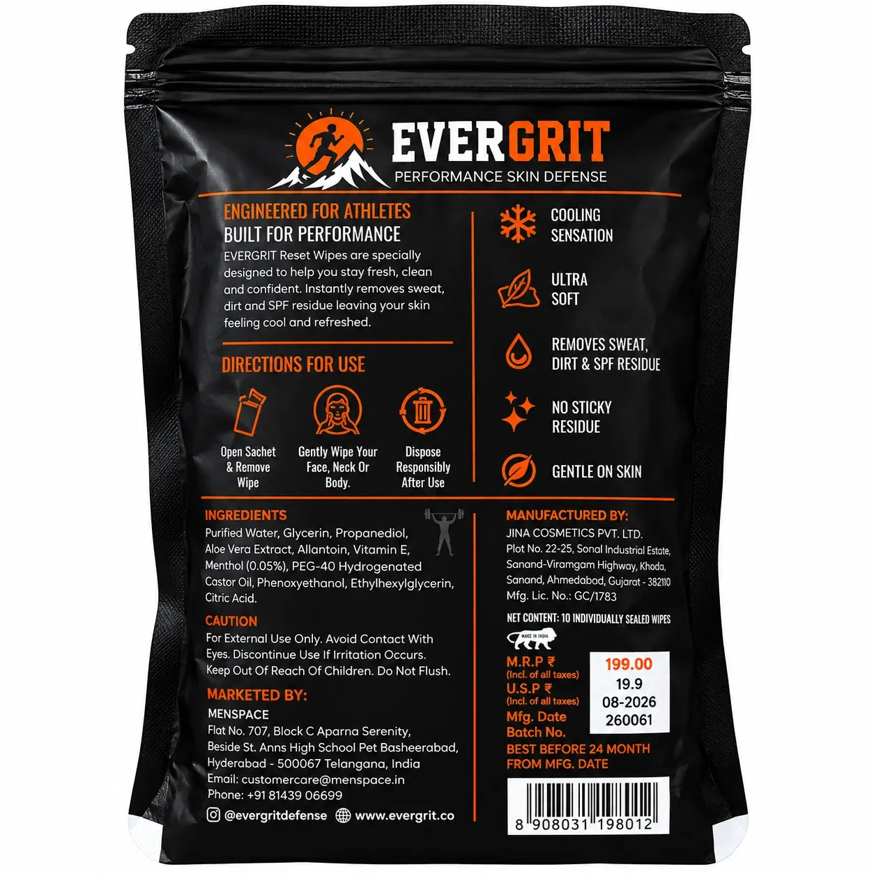 EVERGRIT Reset Wipes pouch — back with ingredients and directions