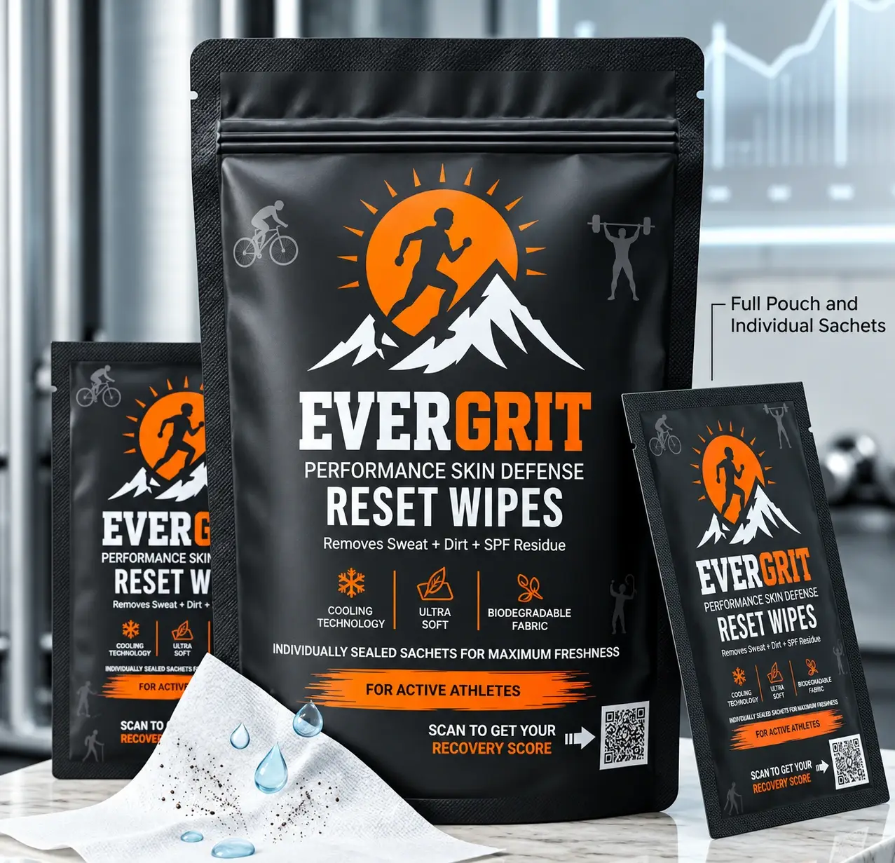 EVERGRIT Reset Wipes pouch with individual sachets and a used wipe