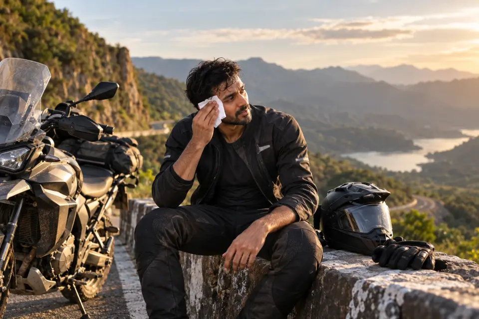 Indian biker taking a reset break beside an adventure motorcycle