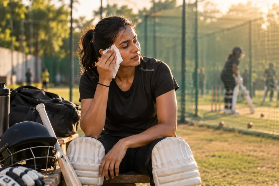 Indian cricketer using a wipe during a training session at the nets