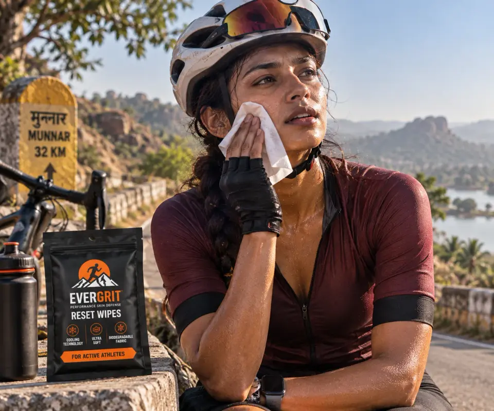 Woman cyclist wiping her face with a Reset Wipe beside an EVERGRIT pouch
