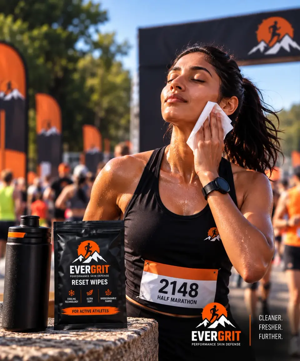 Woman runner wiping her face at a half marathon