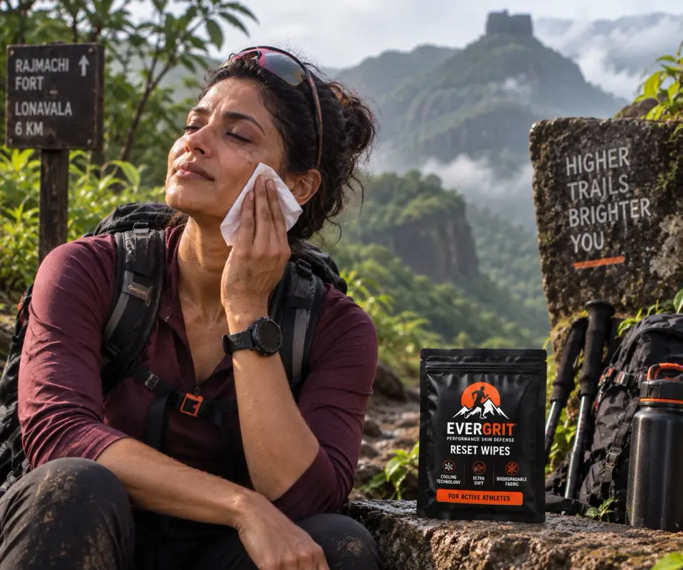 Woman trekker wiping her face on a fort trail